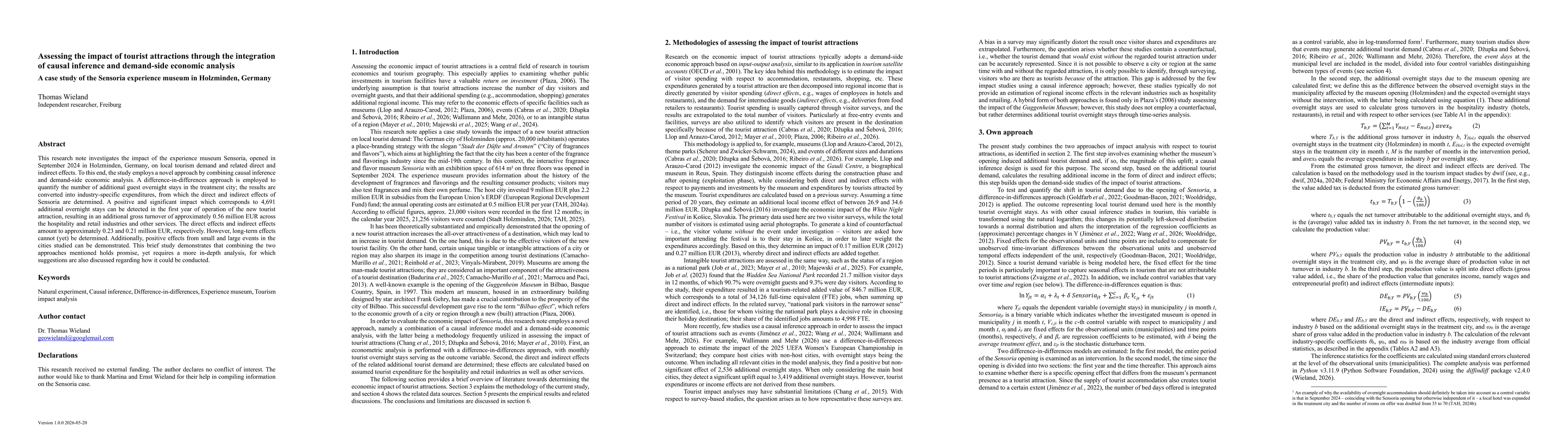 Thumbnail for Assessing the impact of tourist attractions through the integration of causal inference and demand-side economic analysis: A case study of the Sensoria experience museum in Holzminden, Germany
