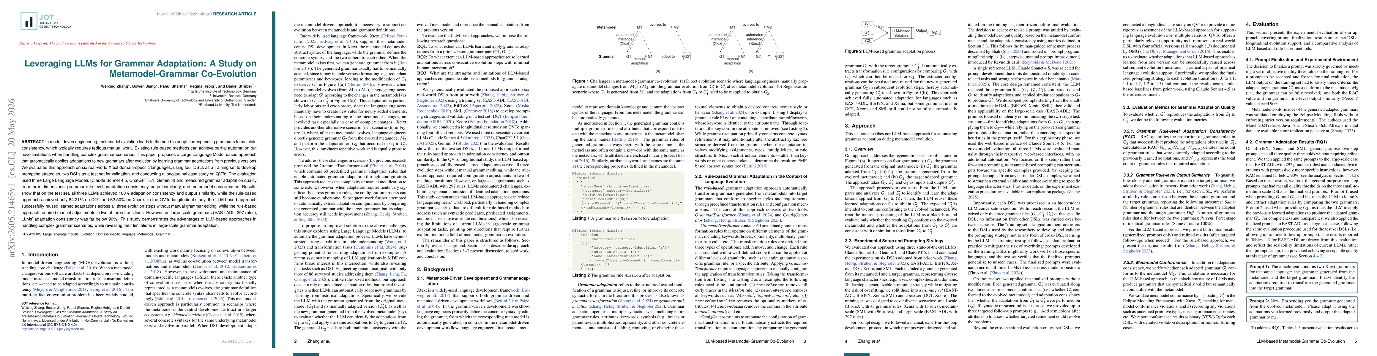 Thumbnail for Leveraging LLMs for Grammar Adaptation: A Study on Metamodel-Grammar Co-Evolution