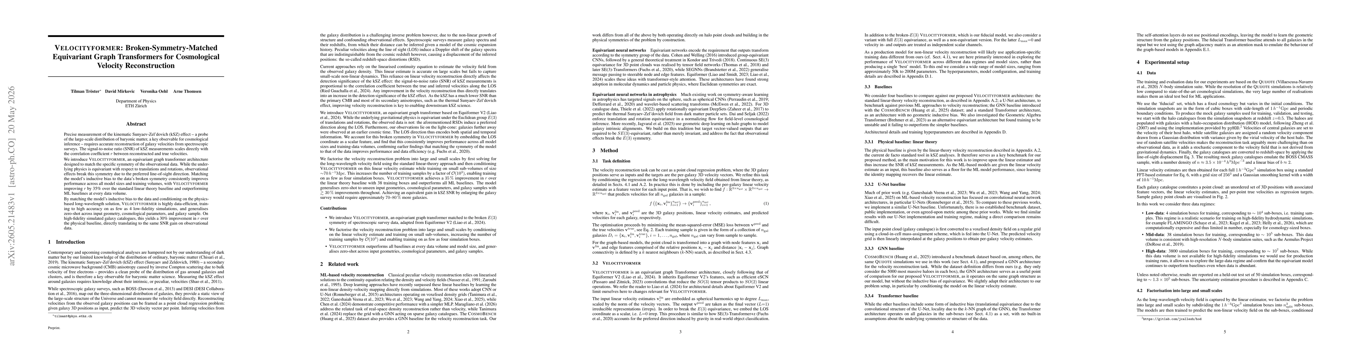 Thumbnail for Velocityformer: Broken-Symmetry-Matched Equivariant Graph Transformers for Cosmological Velocity Reconstruction