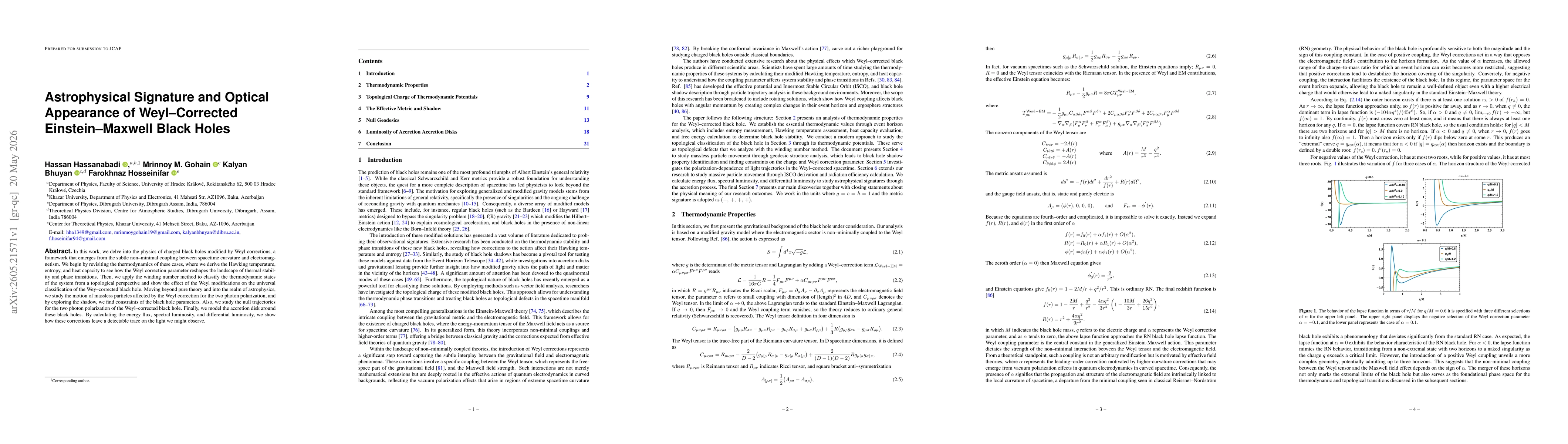 Thumbnail for Astrophysical Signature and Optical Appearance of Weyl--Corrected Einstein--Maxwell Black Holes