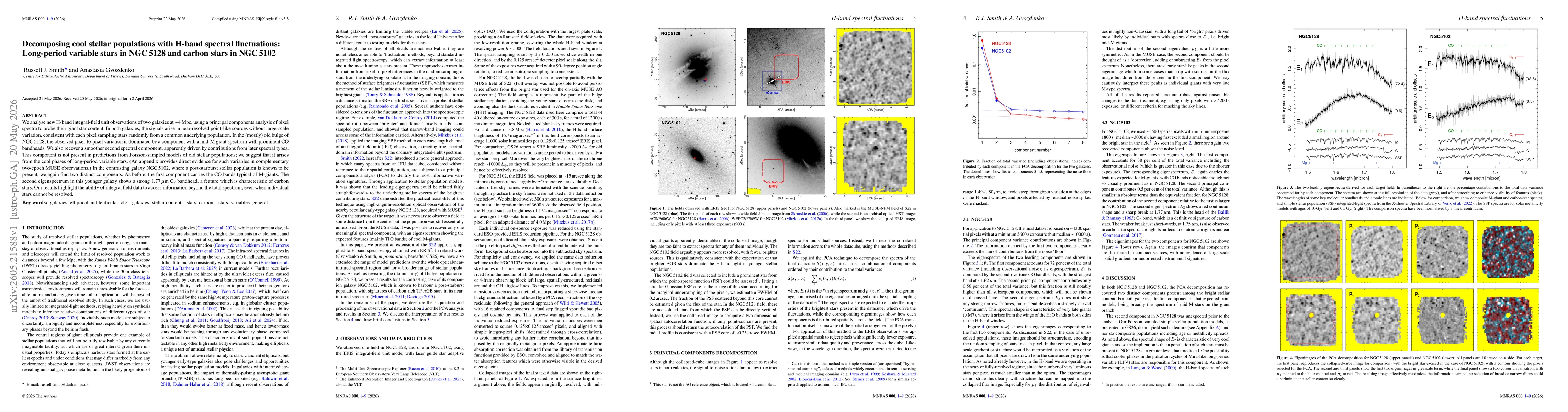 Thumbnail for Decomposing cool stellar populations with H-band spectral fluctuations: Long-period variable stars in NGC 5128 and carbon stars in NGC 5102