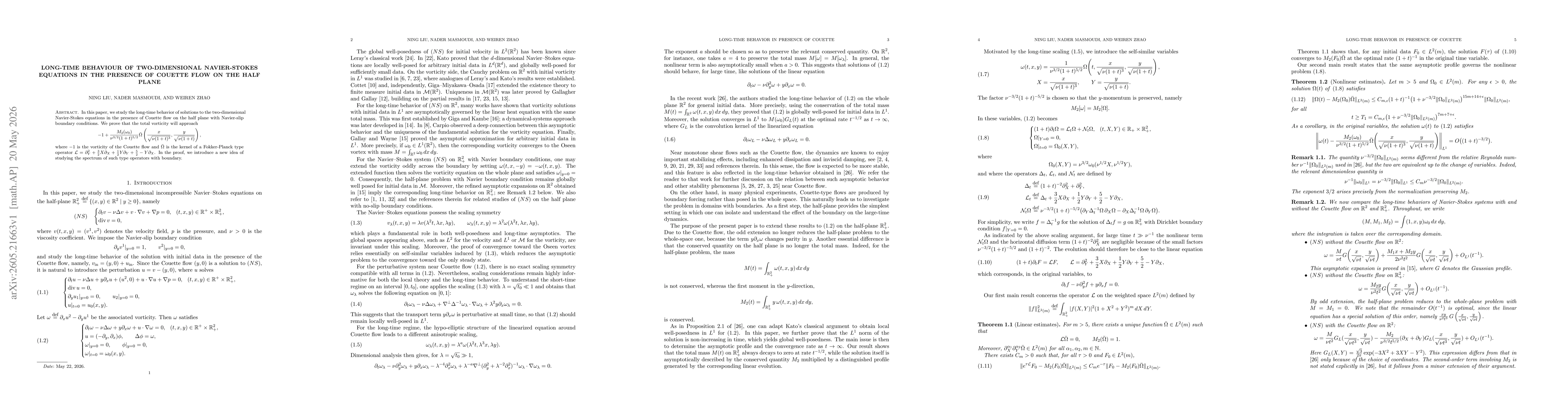 Thumbnail for Long-time behaviour of two-dimensional Navier-Stokes equations in the presence of Couette flow on the half plane