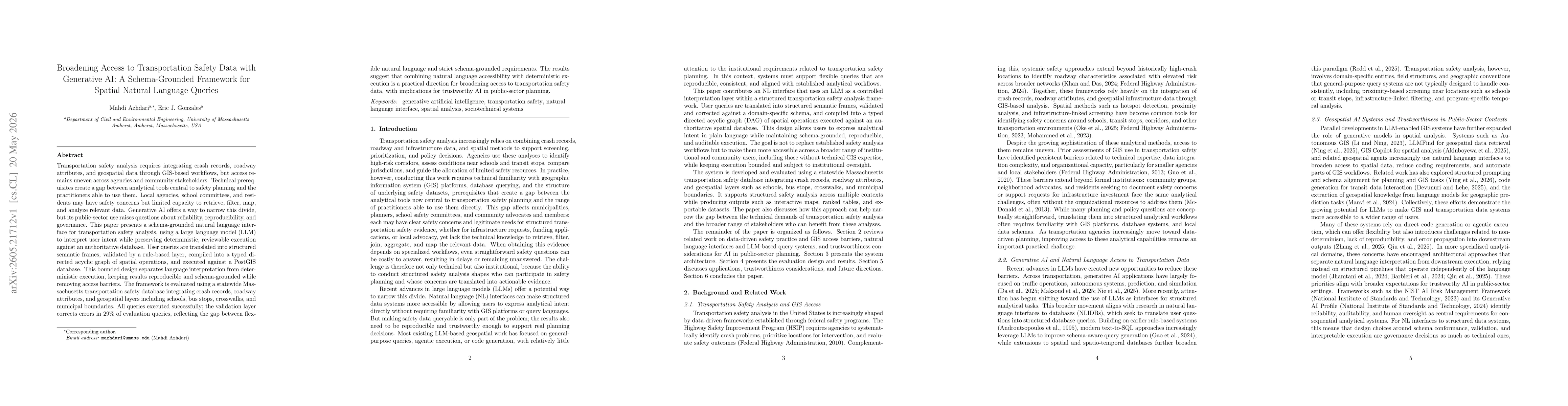 Thumbnail for Broadening Access to Transportation Safety Data with Generative AI: A Schema-Grounded Framework for Spatial Natural Language Queries