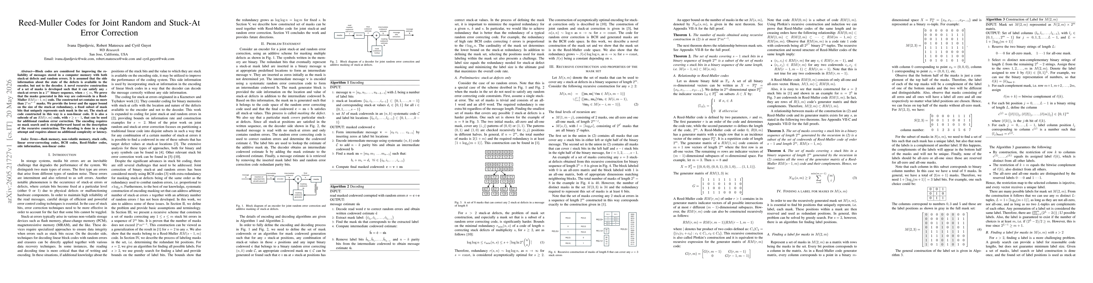 Thumbnail for Reed-Muller Codes for Joint Random and Stuck-At Error Correction