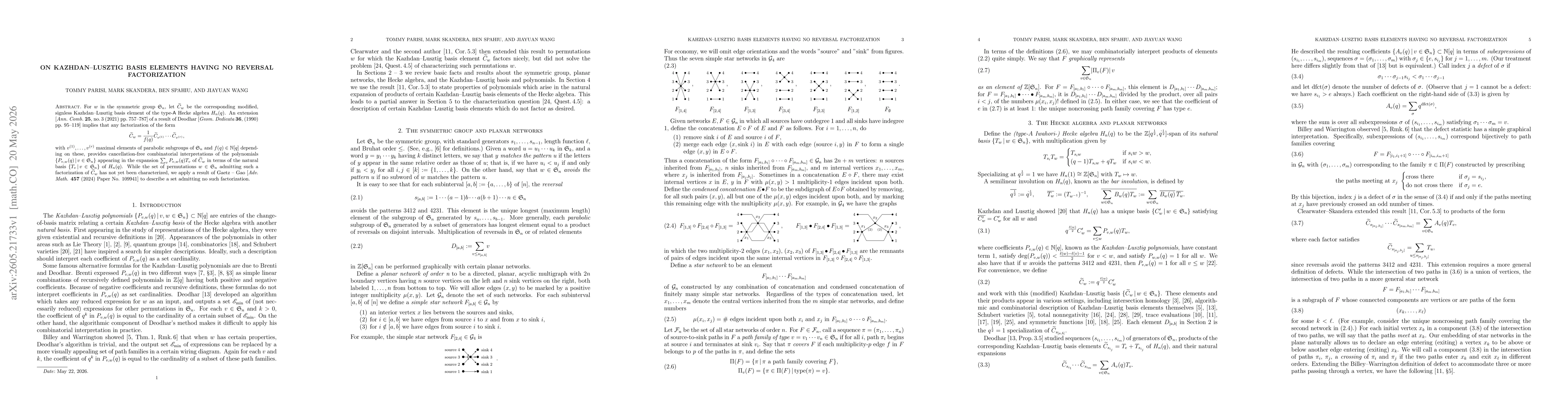 Thumbnail for On Kazhdan--Lusztig basis elements having no reversal factorization
