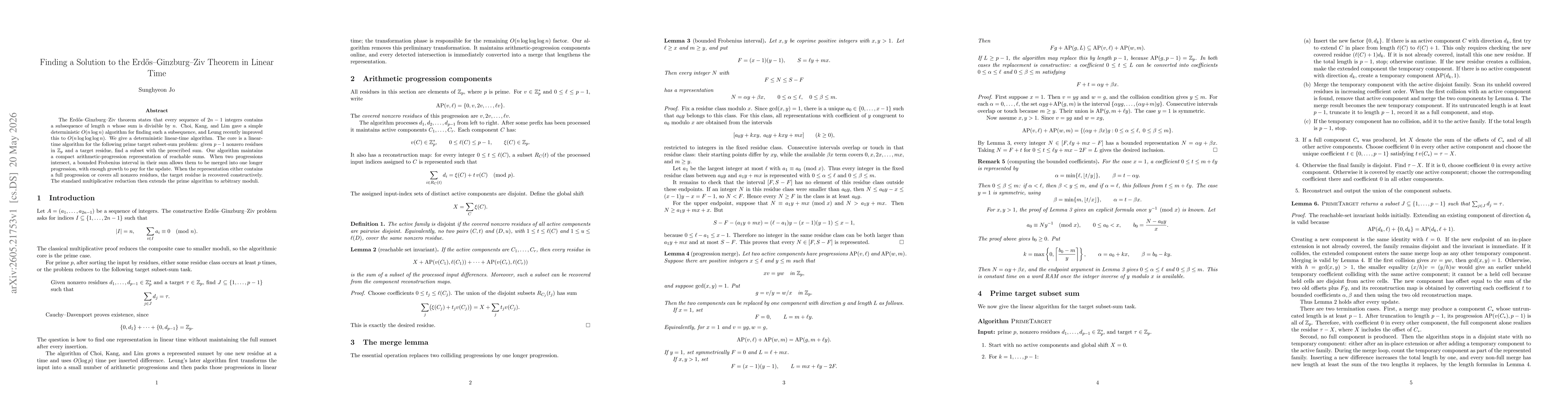 Thumbnail for Finding a Solution to the Erdős-Ginzburg-Ziv Theorem in Linear Time