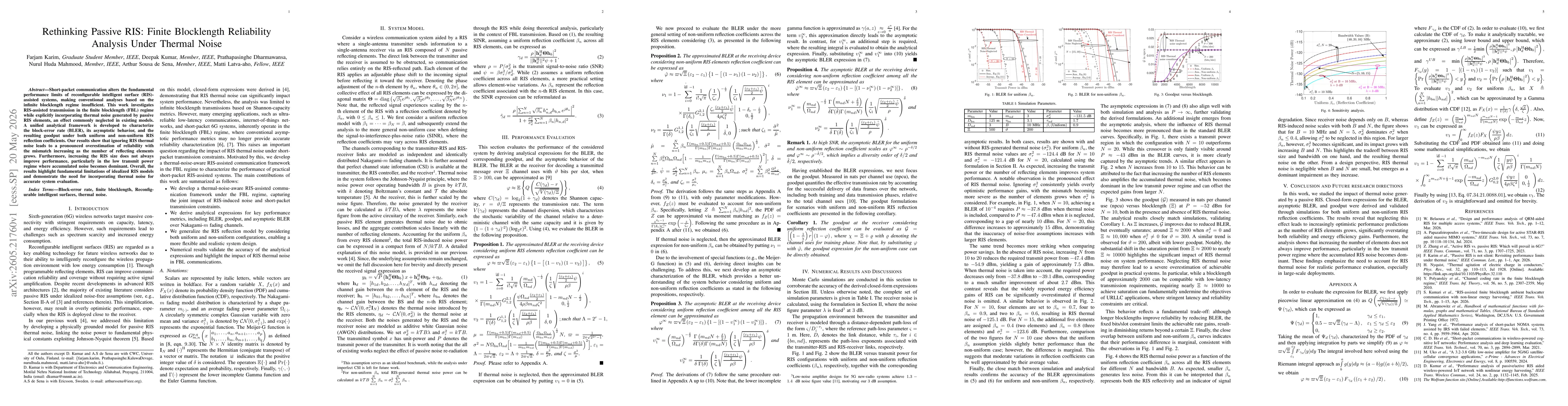 Thumbnail for Rethinking Passive RIS: Finite Blocklength Reliability Analysis Under Thermal Noise