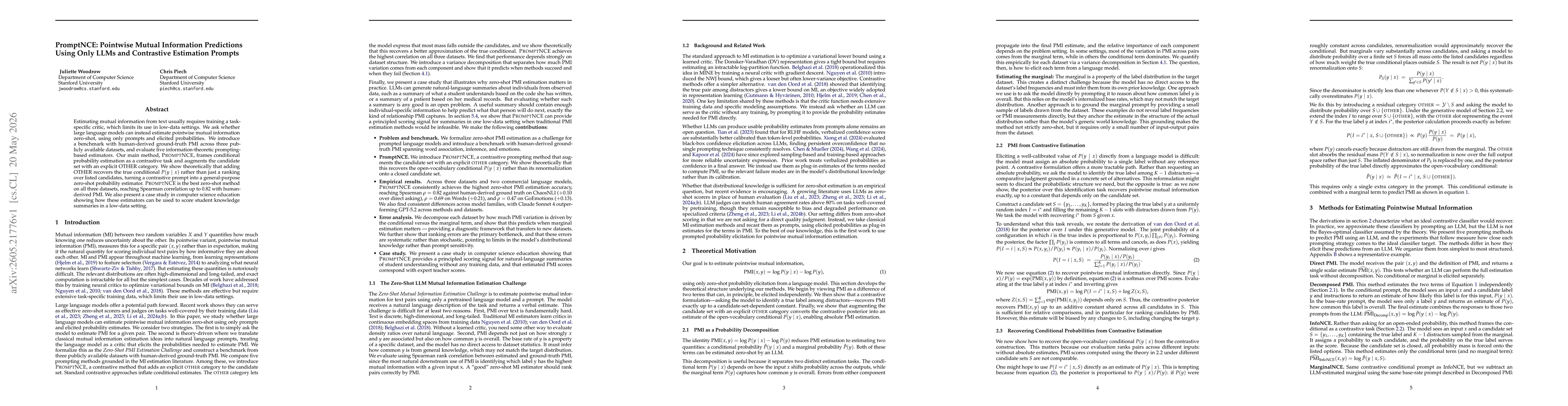 Thumbnail for PromptNCE: Pointwise Mutual Information Predictions Using Only LLMs and Contrastive Estimation Prompts