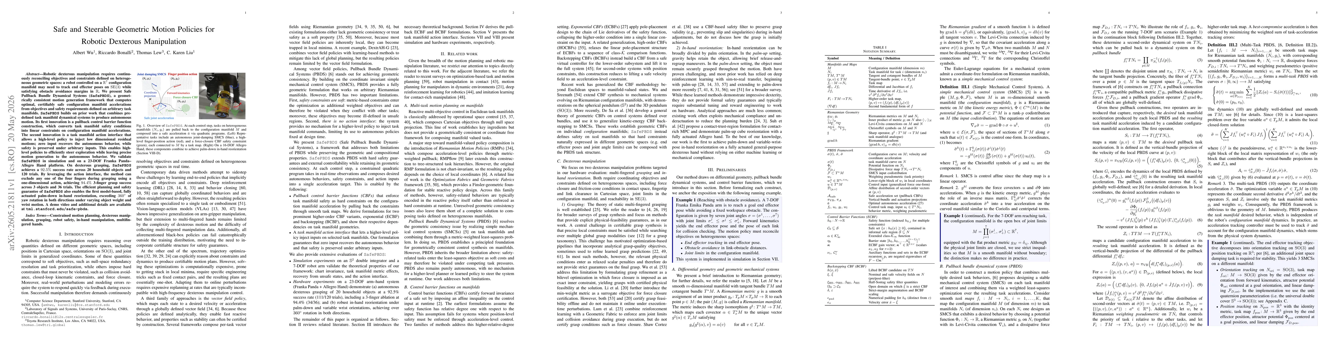Thumbnail for Safe and Steerable Geometric Motion Policies for Robotic Dexterous Manipulation
