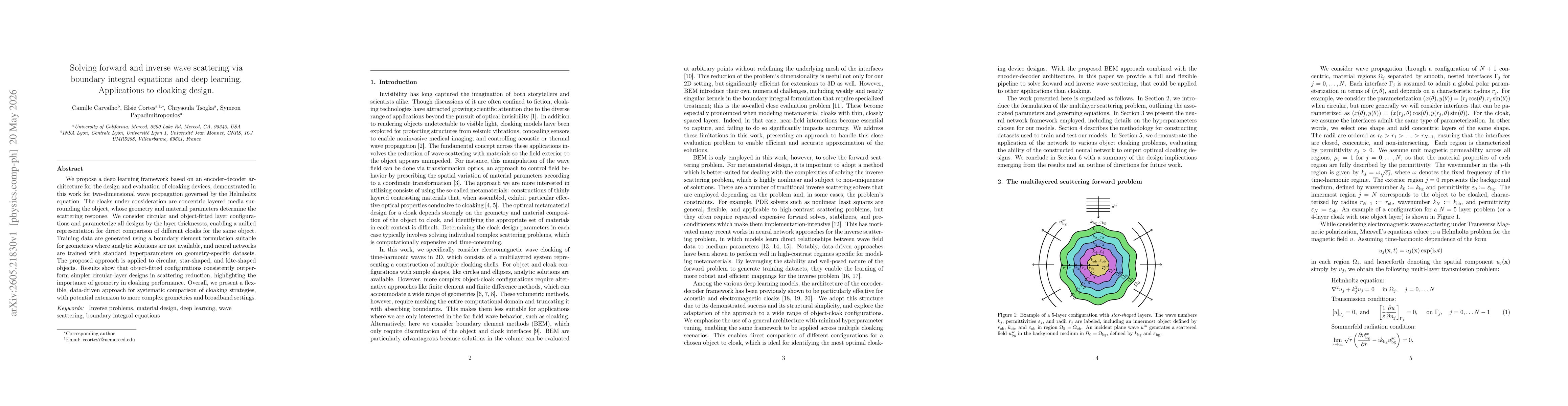 Thumbnail for Solving forward and inverse wave scattering via boundary integral equations and deep learning. Applications to cloaking design
