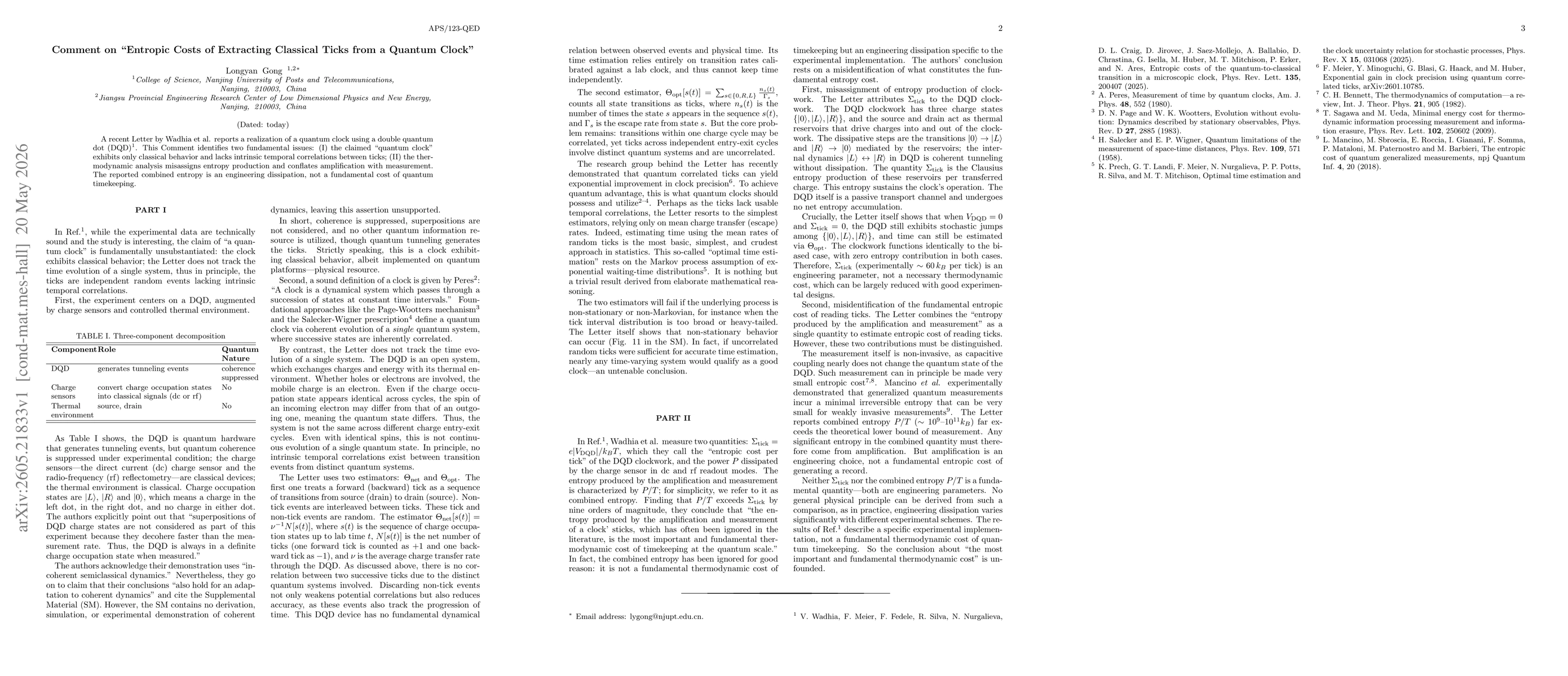 Thumbnail for Comment on "Entropic Costs of Extracting Classical Ticks from a Quantum Clock"