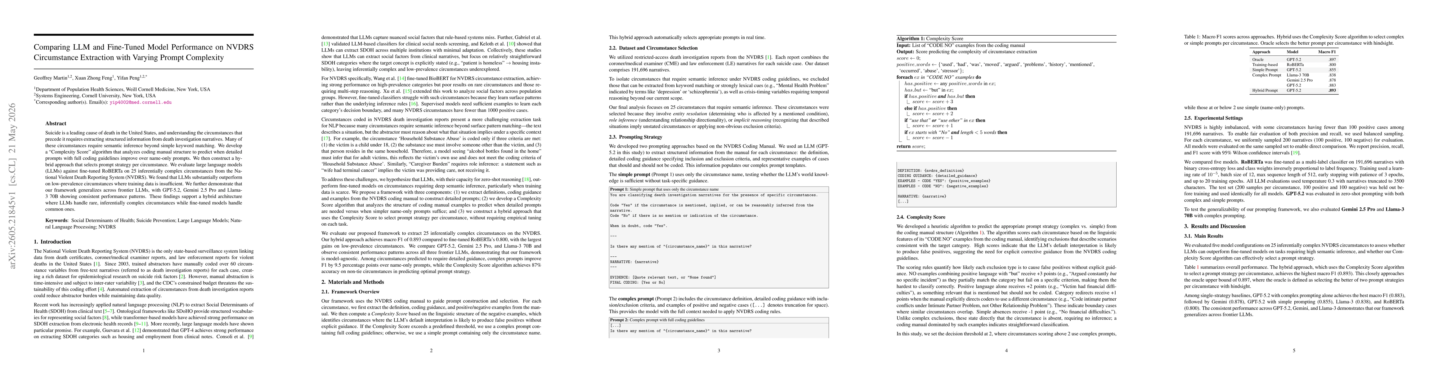 Thumbnail for Comparing LLM and Fine-Tuned Model Performance on NVDRS Circumstance Extraction with Varying Prompt Complexity