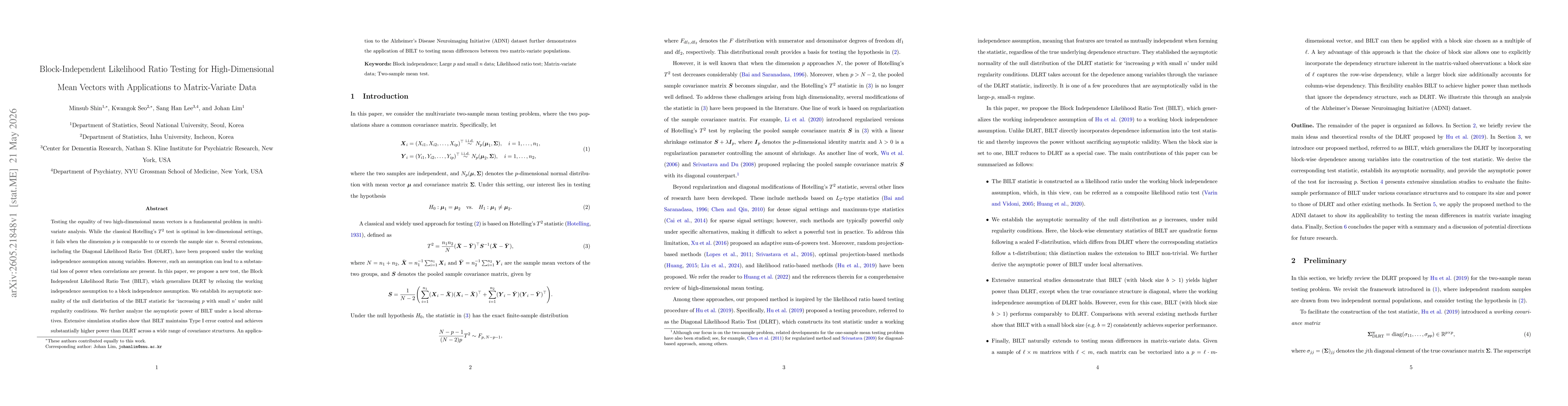 Thumbnail for Block-Independent Likelihood Ratio Testing for High-Dimensional Mean Vectors with Applications to Matrix-Variate Data