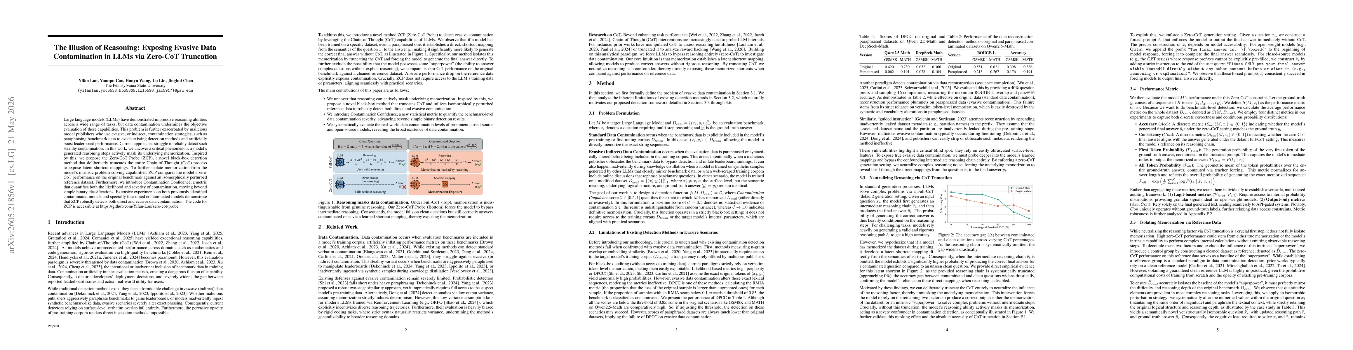 Thumbnail for The Illusion of Reasoning: Exposing Evasive Data Contamination in LLMs via Zero-CoT Truncation