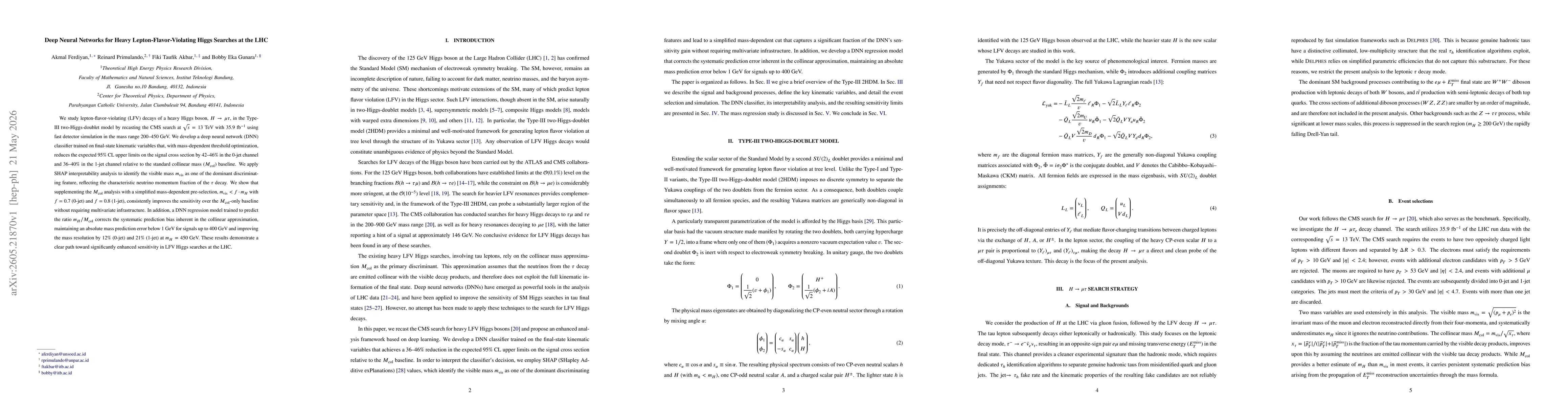Thumbnail for Deep Neural Networks for Heavy Lepton-Flavor-Violating Higgs Searches at the LHC