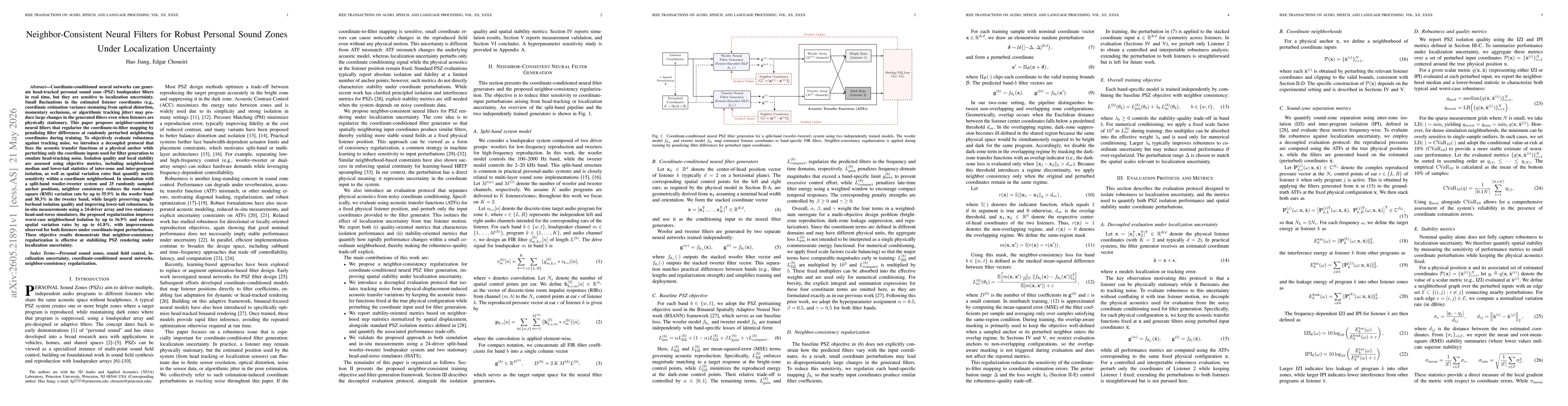 Thumbnail for Neighbor-Consistent Neural Filters for Robust Personal Sound Zones Under Localization Uncertainty