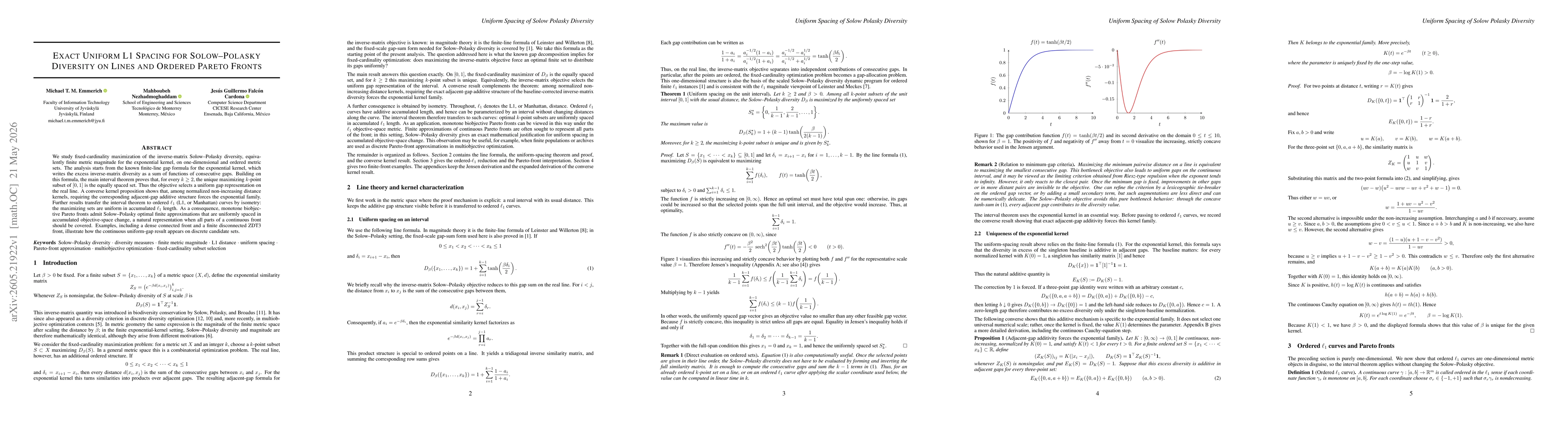 Thumbnail for Exact Uniform L1 Spacing for Solow-Polasky Diversity on Lines and Ordered Pareto Fronts