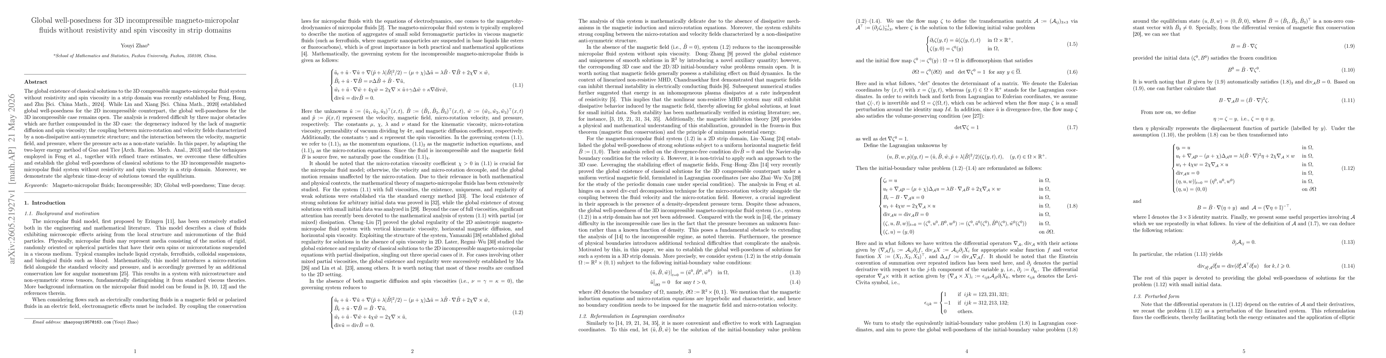Thumbnail for Global well-posedness for 3D incompressible magneto-micropolar fluids without resistivity and spin viscosity in strip domains