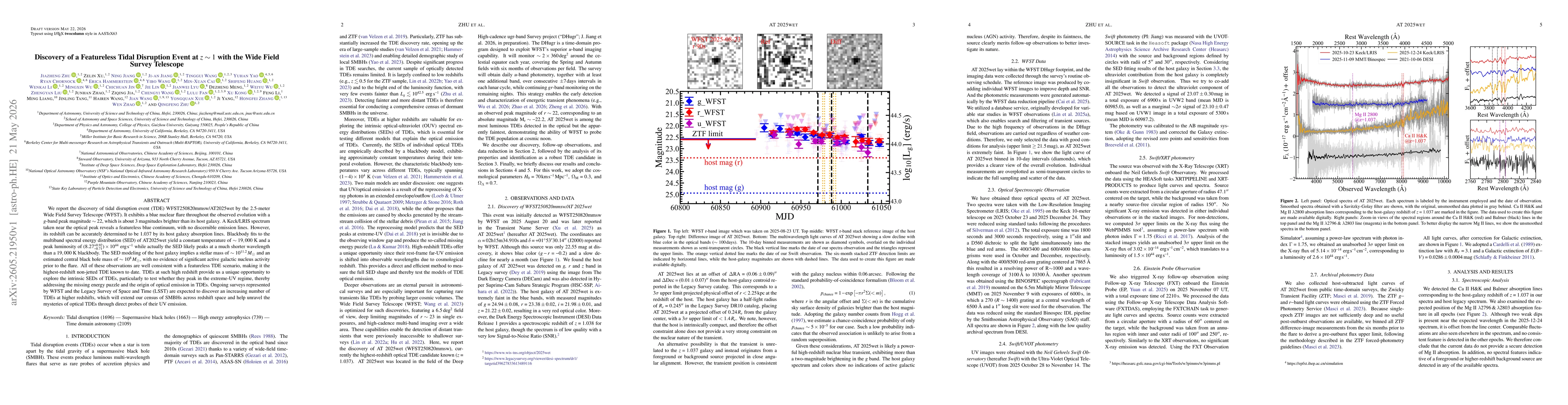 Thumbnail for Discovery of a Featureless Tidal Disruption Event at z~1 with the Wide Field Survey Telescope