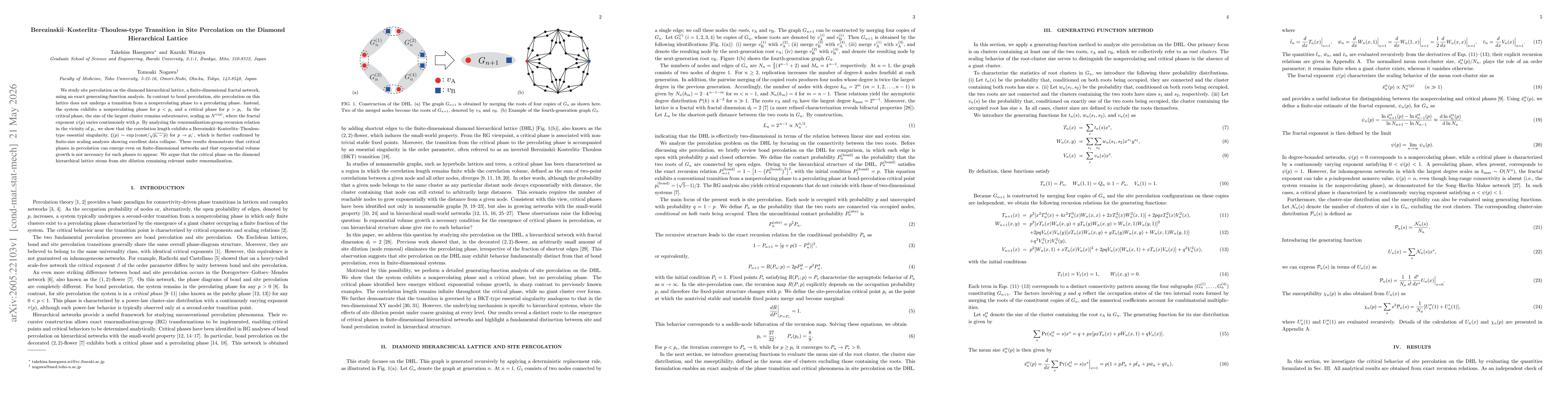 Thumbnail for Berezinskii-Kosterlitz-Thouless-type Transition in Site Percolation on the Diamond Hierarchical Lattice