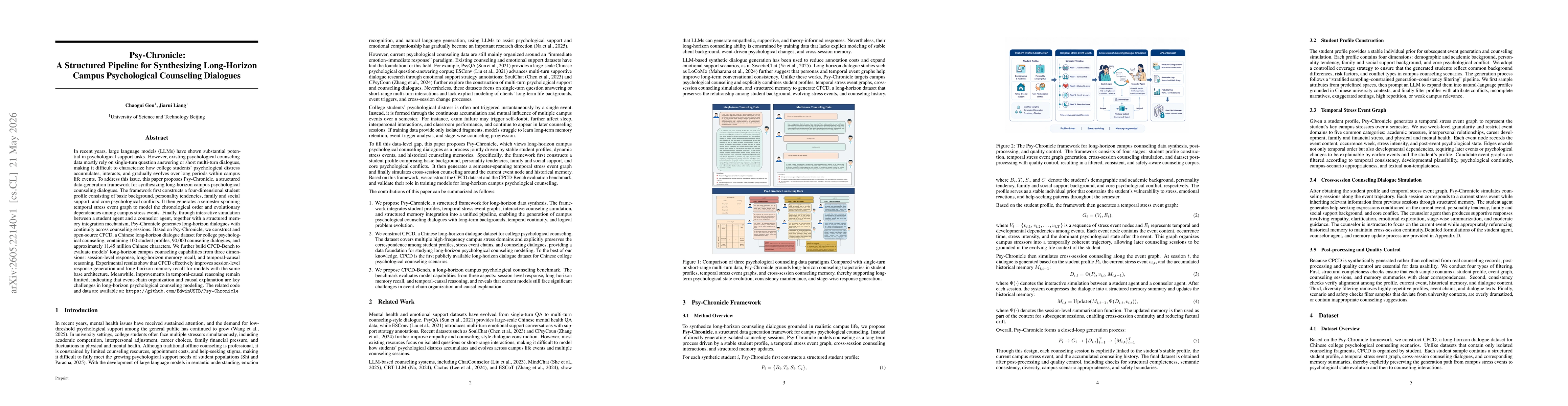 Thumbnail for Psy-Chronicle:A Structured Pipeline for Synthesizing Long-Horizon Campus Psychological Counseling Dialogues