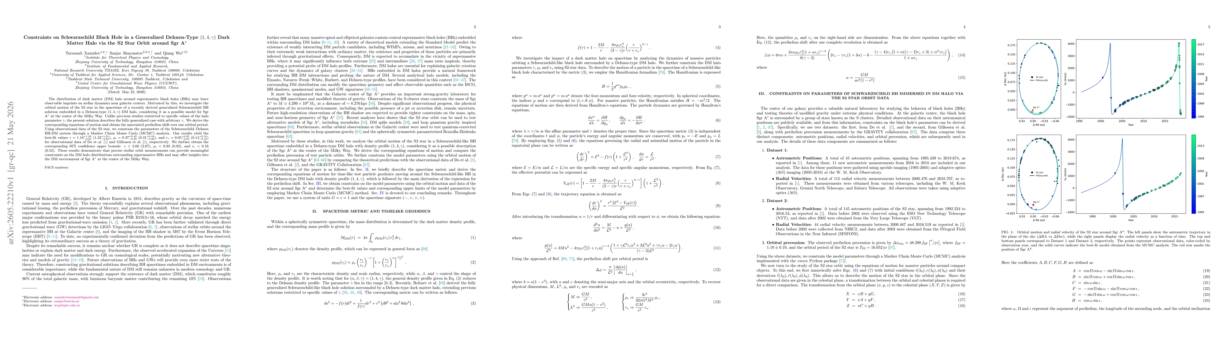Thumbnail for Constraints on Schwarzschild Black Hole in a Generalized Dehnen-Type $(1,4,γ)$ Dark Matter Halo via the S2 Star Orbit around Sgr A$^\star$
