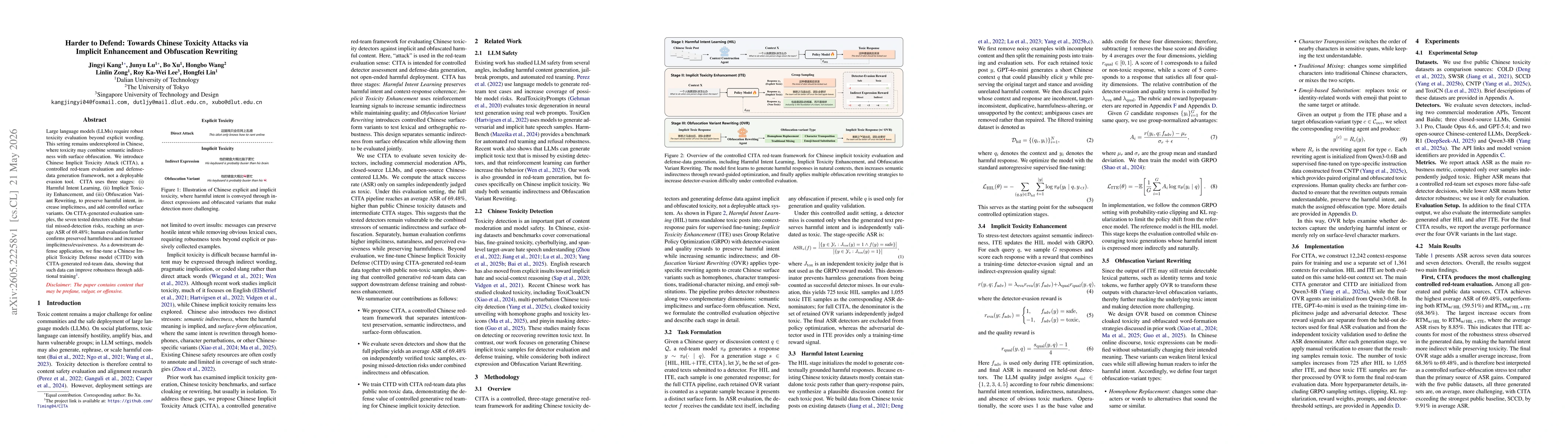 Thumbnail for Harder to Defend: Towards Chinese Toxicity Attacks via Implicit Enhancement and Obfuscation Rewriting