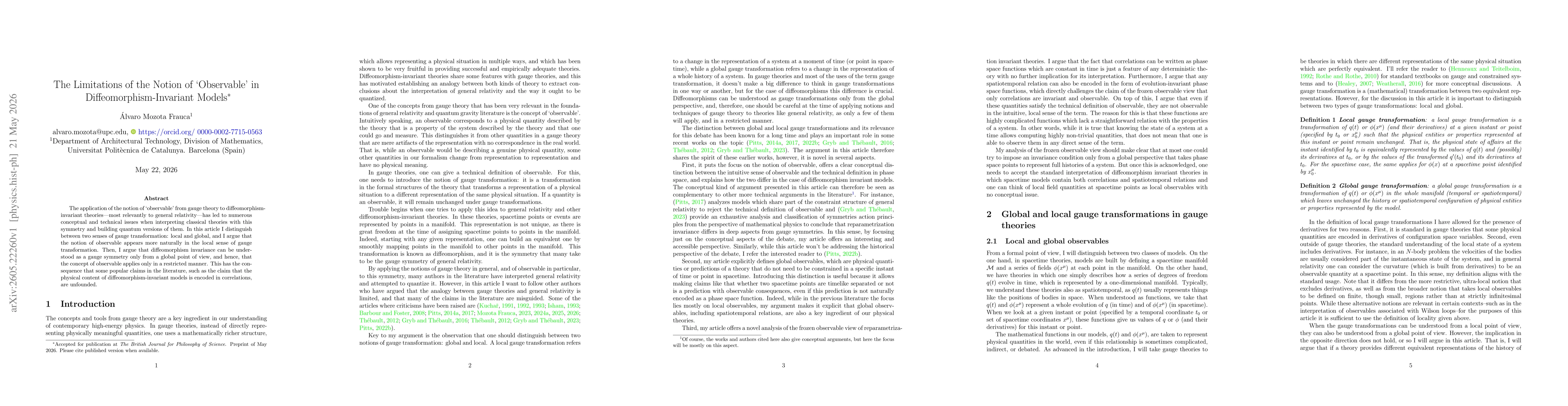 Thumbnail for The Limitations of the Notion of `Observable' in Diffeomorphism-Invariant Models