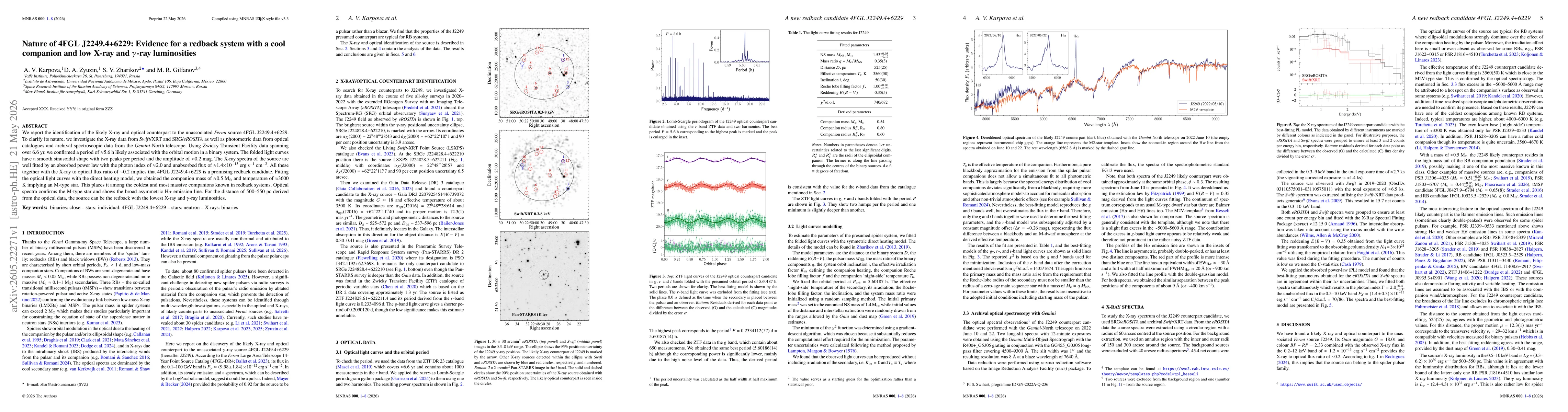 Thumbnail for Nature of 4FGL J2249.4+6229: Evidence for a redback system with a cool companion and low X-ray and $γ$-ray luminosities