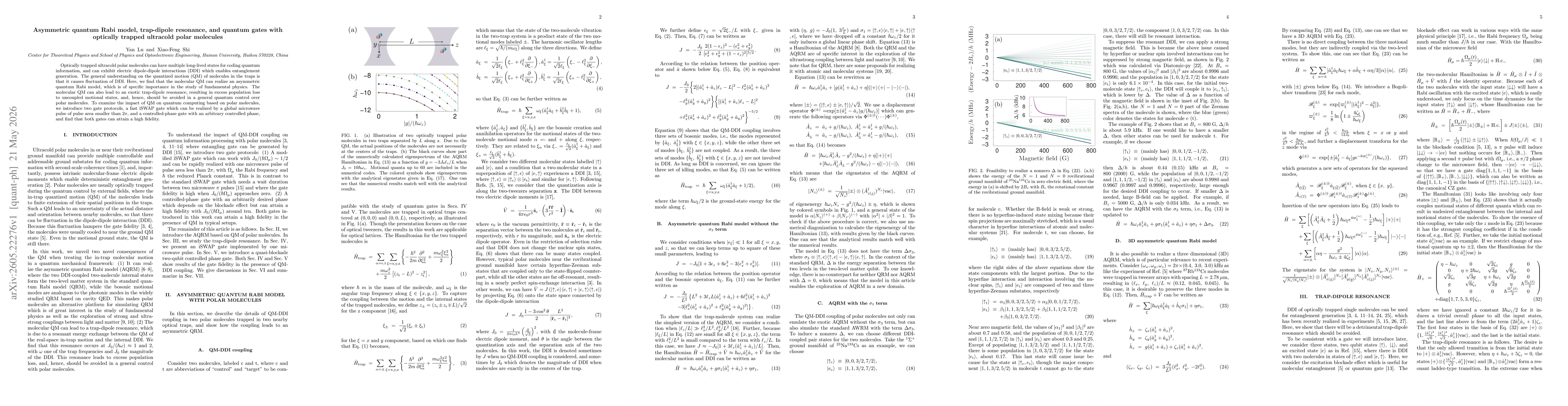 Thumbnail for Asymmetric quantum Rabi model, trap-dipole resonance, and quantum gates with optically trapped ultracold polar molecules