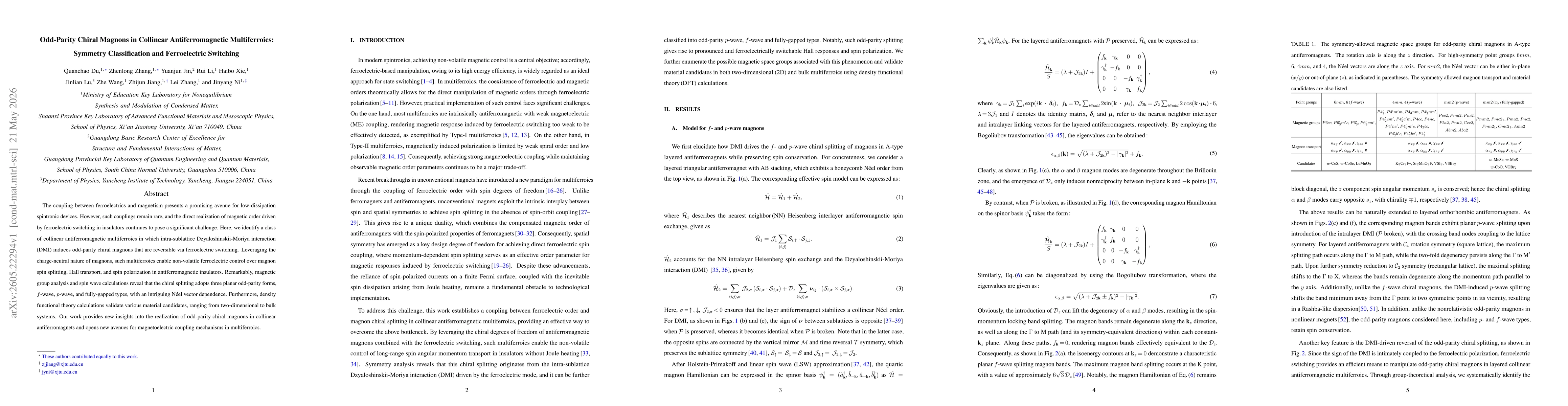 Thumbnail for Odd-Parity Chiral Magnons in Collinear Antiferromagnetic Multiferroics: Symmetry Classification and Ferroelectric Switching