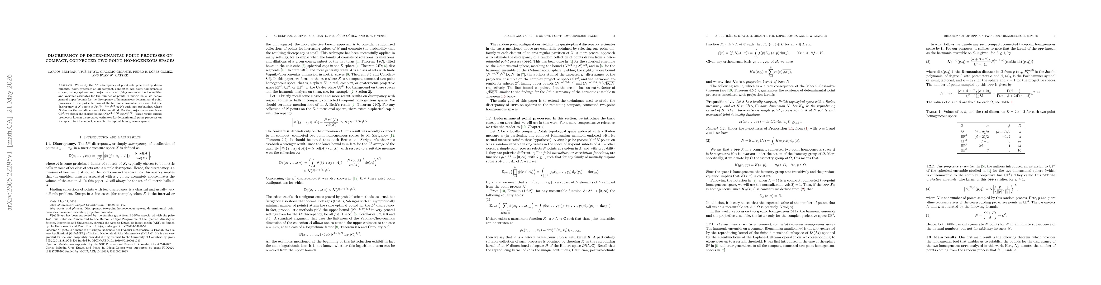 Thumbnail for Discrepancy of determinantal point processes on compact, connected two-point homogeneous spaces
