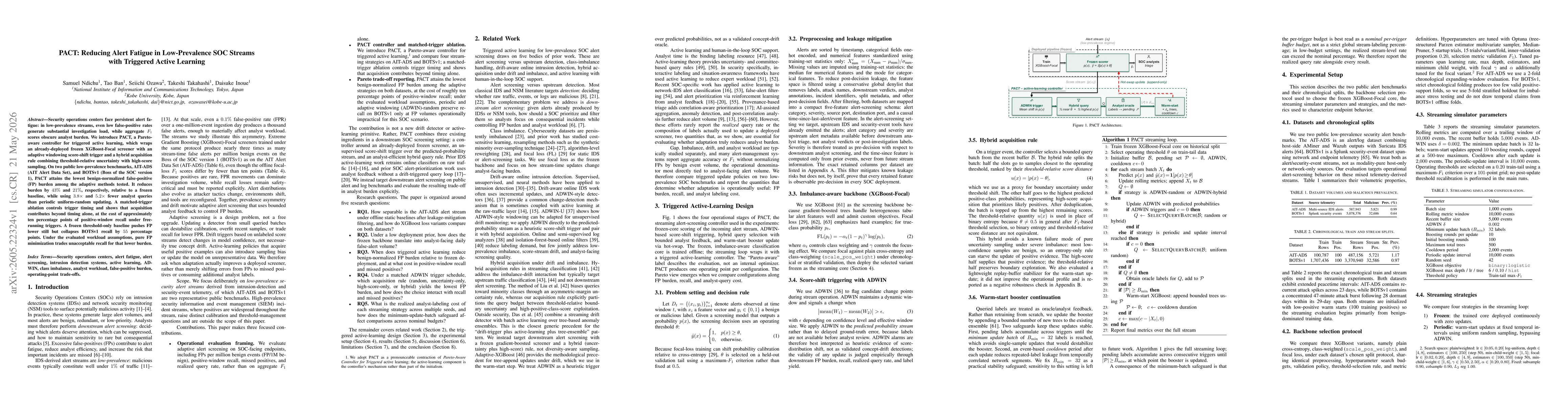 Thumbnail for PACT: Reducing Alert Fatigue in Low-Prevalence SOC Streams with Triggered Active Learning