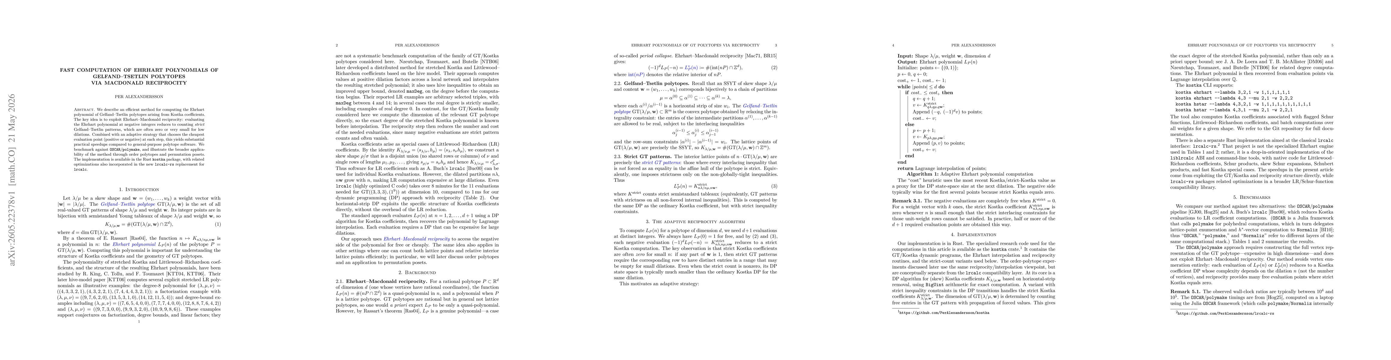 Thumbnail for Fast computation of Ehrhart polynomials of Gelfand--Tsetlin polytopes via Macdonald reciprocity