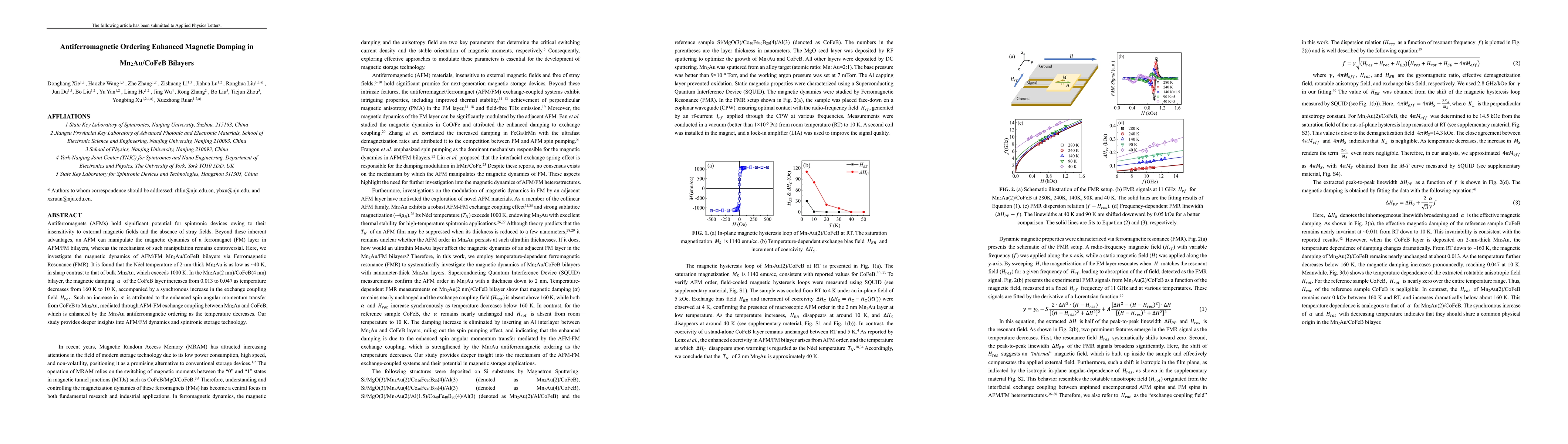 Thumbnail for Antiferromagnetic Ordering Enhanced Magnetic Damping in Mn2Au/CoFeB Bilayers