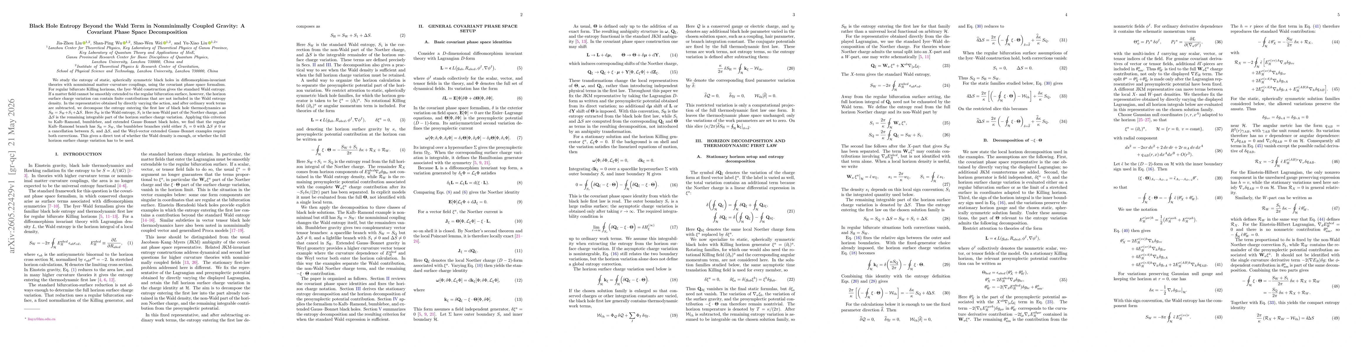 Thumbnail for Black Hole Entropy Beyond the Wald Term in Nonminimally Coupled Gravity: A Covariant Phase Space Decomposition