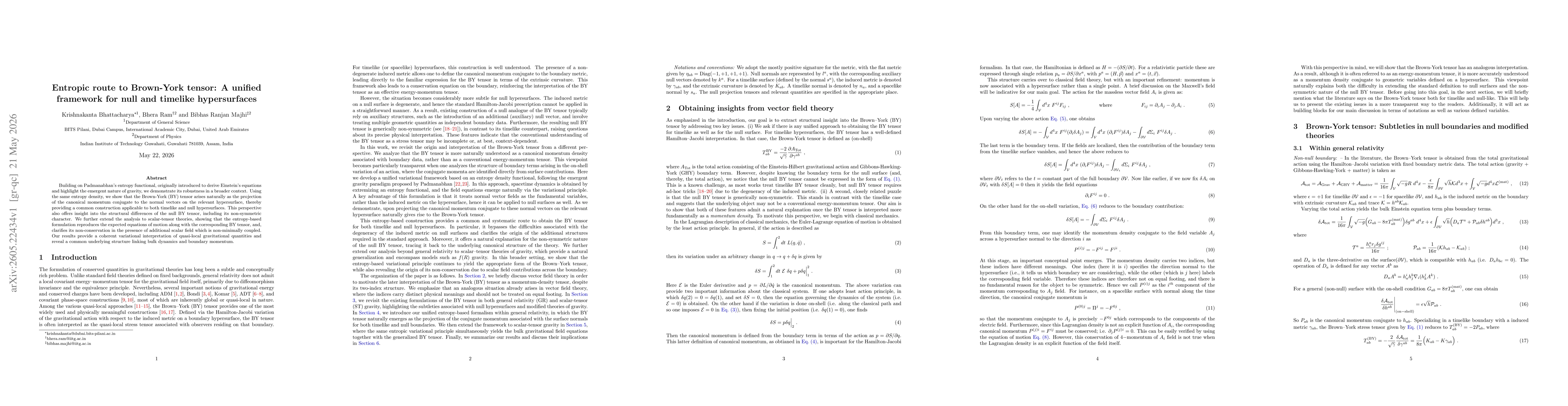 Thumbnail for Entropic route to Brown-York tensor: A unified framework for null and timelike hypersurfaces