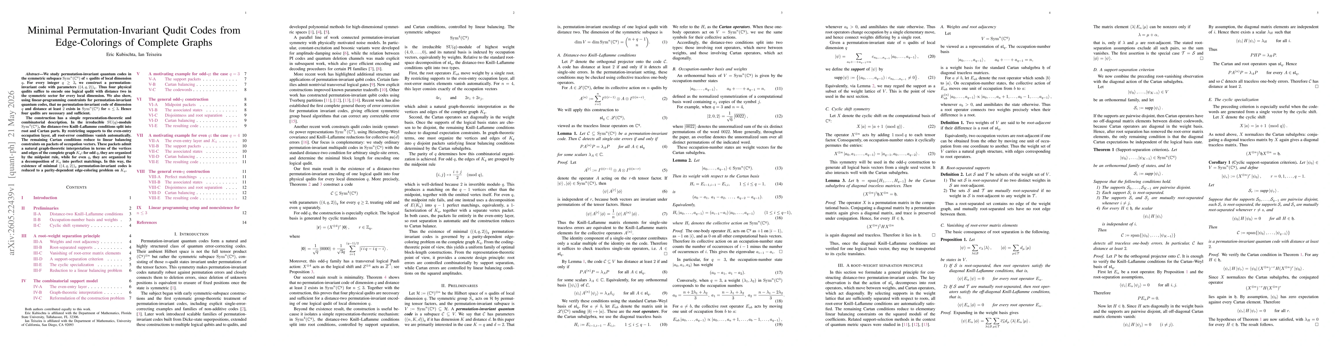 Thumbnail for Minimal Permutation-Invariant Qudit Codes from Edge-Colorings of Complete Graphs
