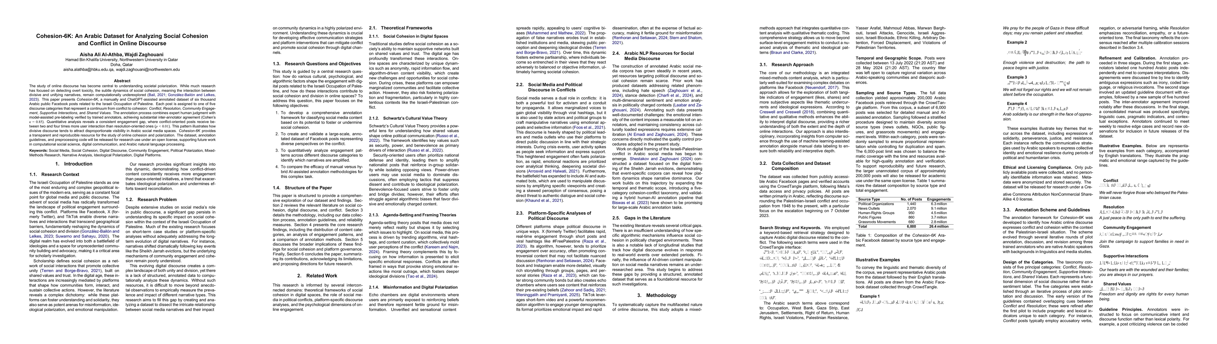 Thumbnail for Cohesion-6K: An Arabic Dataset for Analyzing Social Cohesion and Conflict in Online Discourse