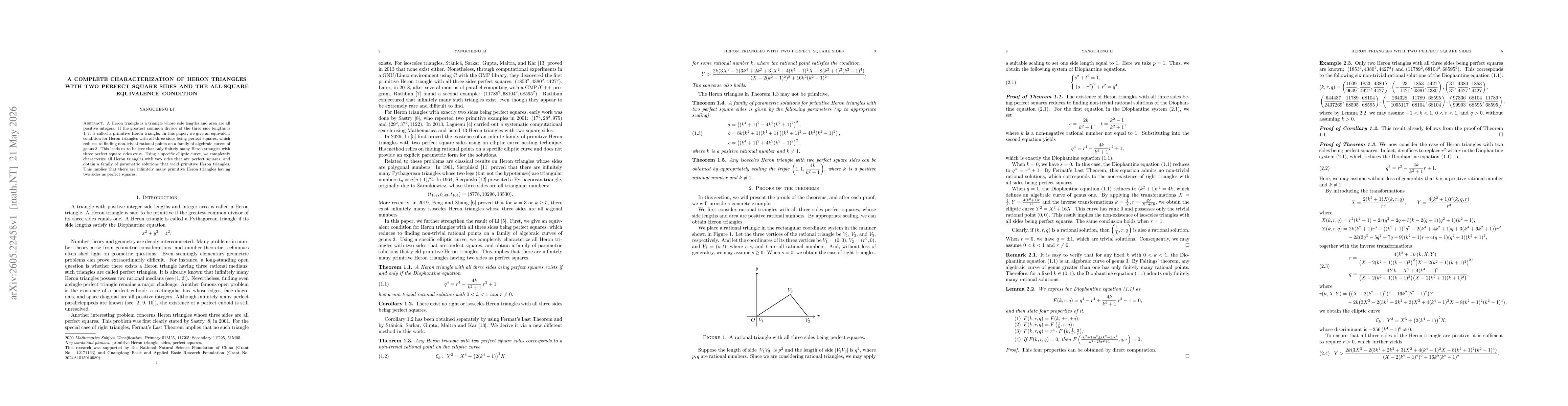 Thumbnail for A Complete Characterization of Heron Triangles with Two Perfect Square Sides and the All-Square Equivalence Condition