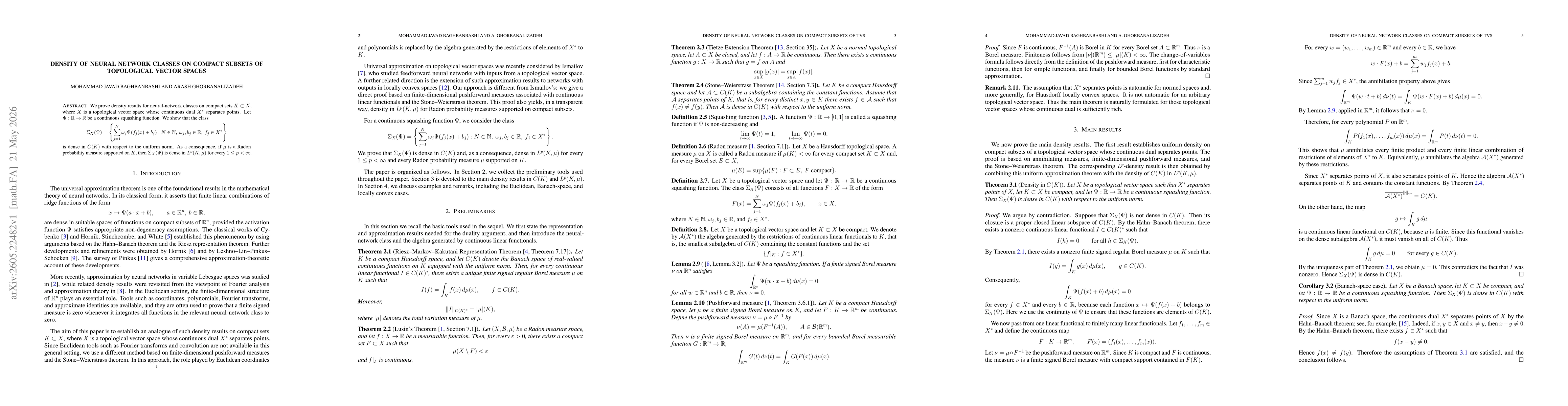 Thumbnail for Density of Neural Network Classes on Compact Subsets of Topological Vector Spaces