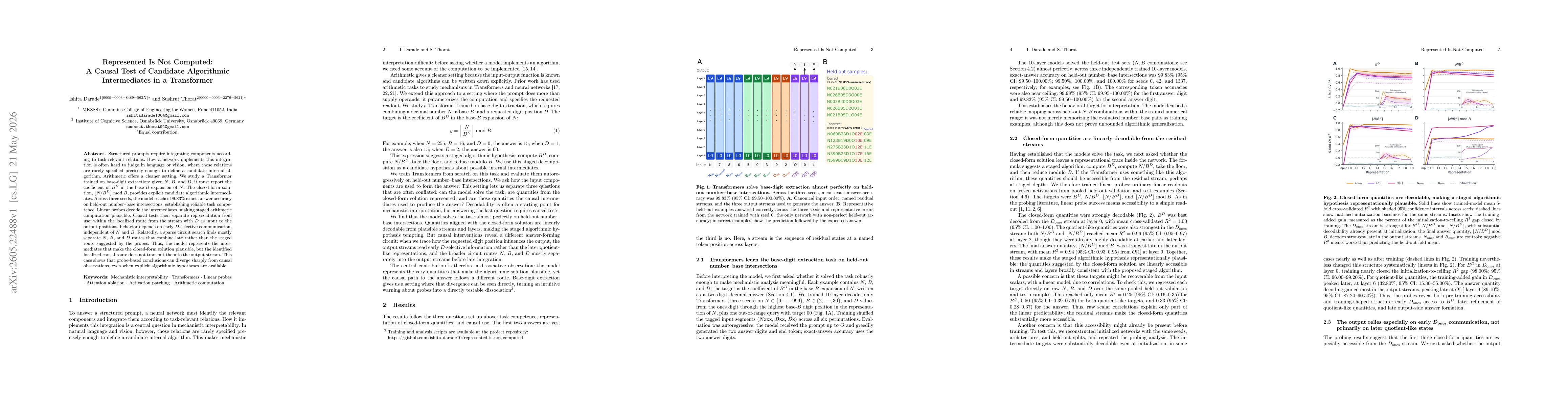 Thumbnail for Represented Is Not Computed: A Causal Test of Candidate Algorithmic Intermediates in a Transformer