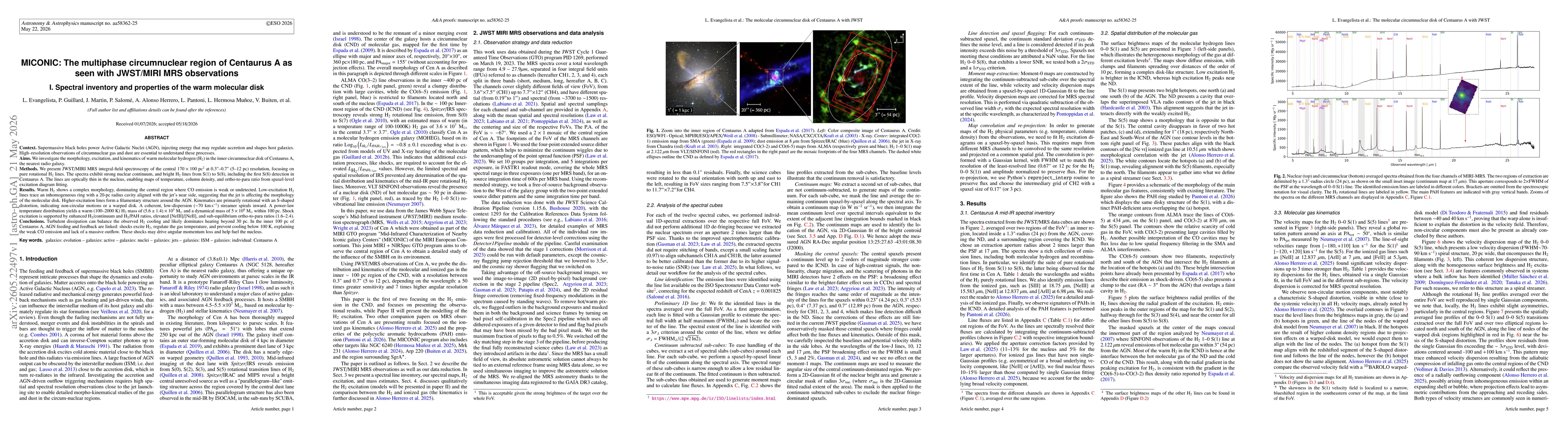 Thumbnail for MICONIC: The multiphase circumnuclear region of Centaurus A as seen with JWST/MIRI MRS observations. I. Spectral inventory and properties of the warm molecular disk