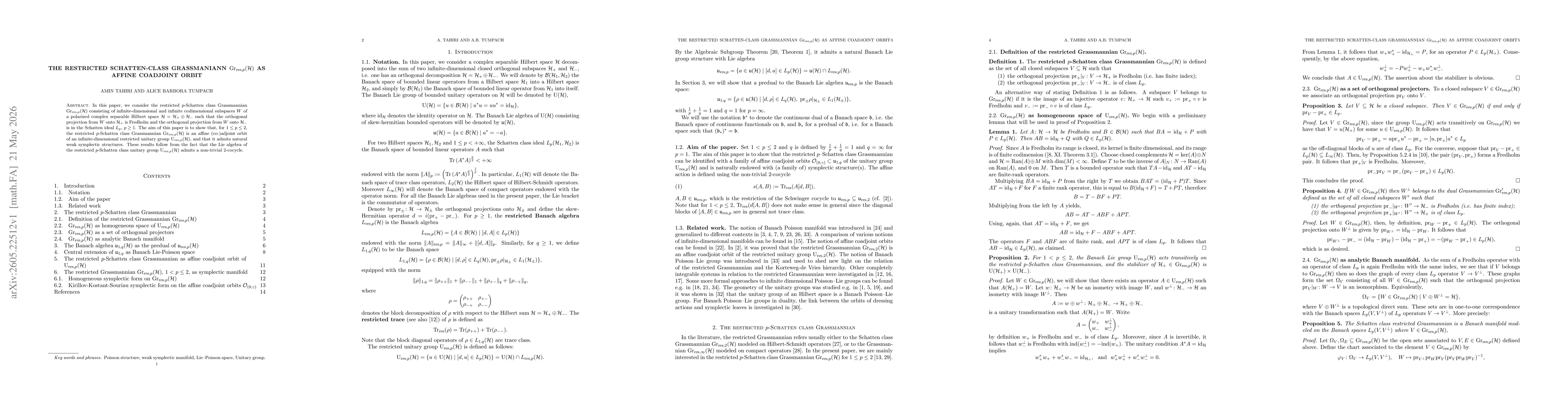 Thumbnail for The Restricted Schatten-class Grassmannian $\mathrm{Gr}_{\mathrm{res}, p}(\mathcal{H})$ as affine coadjoint orbit