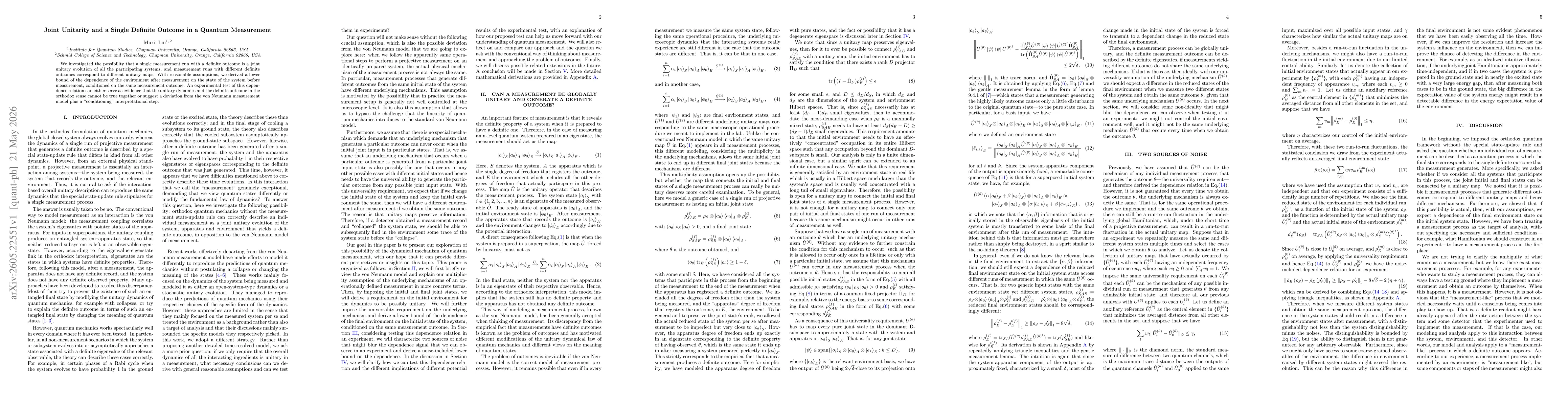 Thumbnail for Joint Unitarity and a Single Definite Outcome in a Quantum Measurement