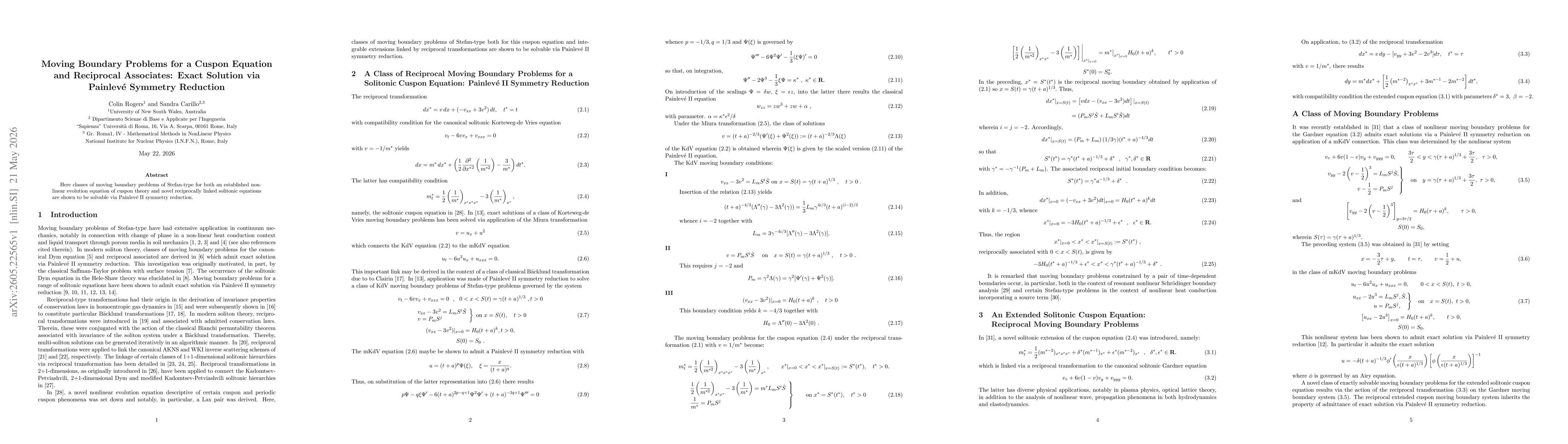 Thumbnail for Moving Boundary Problems for a Cuspon Equation and Reciprocal Associates: Exact Solution via Painleve' Symmetry Reduction