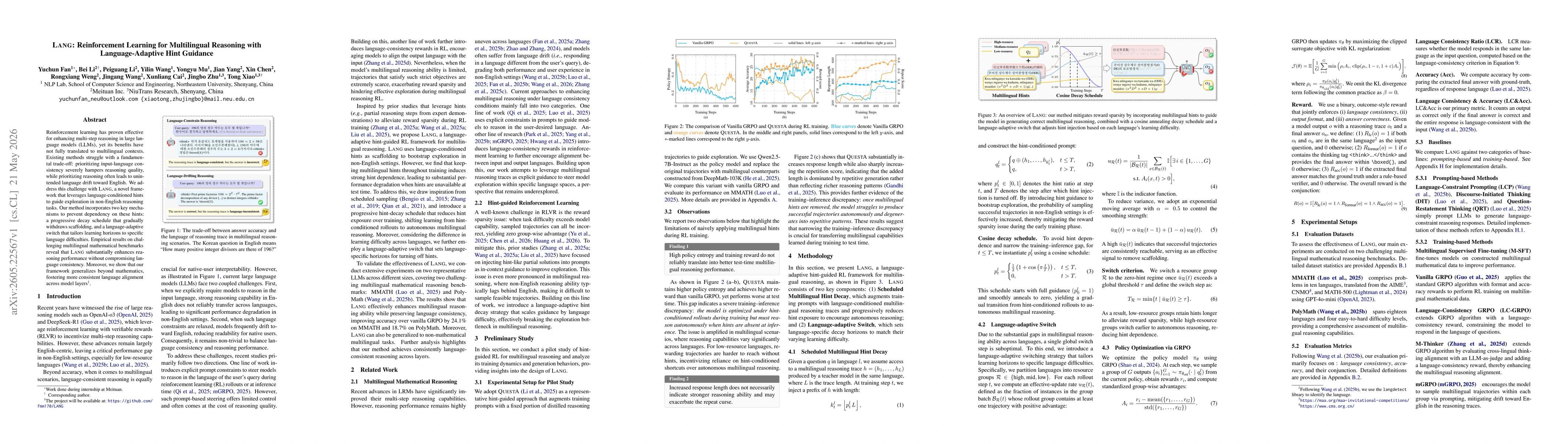Thumbnail for LANG: Reinforcement Learning for Multilingual Reasoning with Language-Adaptive Hint Guidance