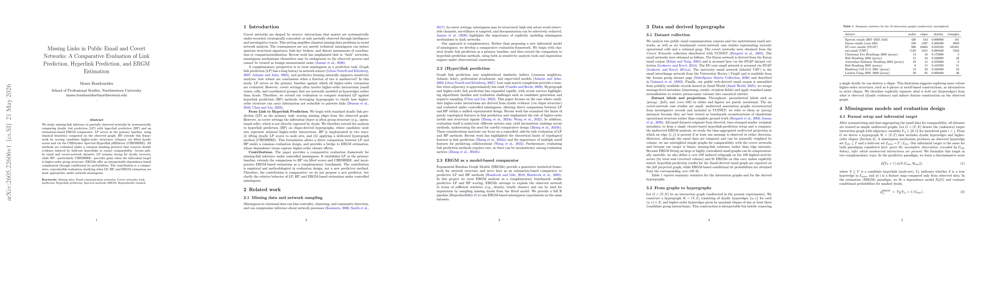 Thumbnail for Missing Links in Public Email and Covert Networks: A Comparative Evaluation of Link Prediction, Hyperlink Prediction, and ERGM Estimation