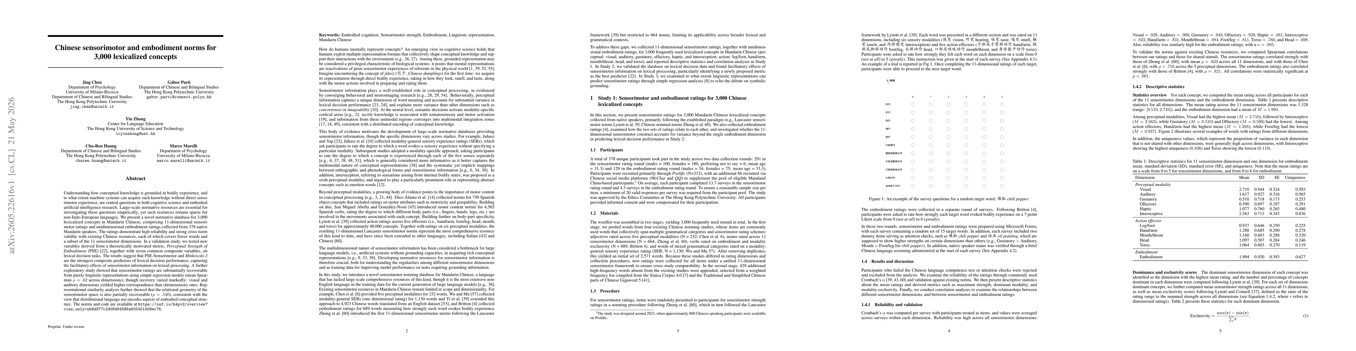 Thumbnail for Chinese sensorimotor and embodiment norms for 3,000 lexicalized concepts