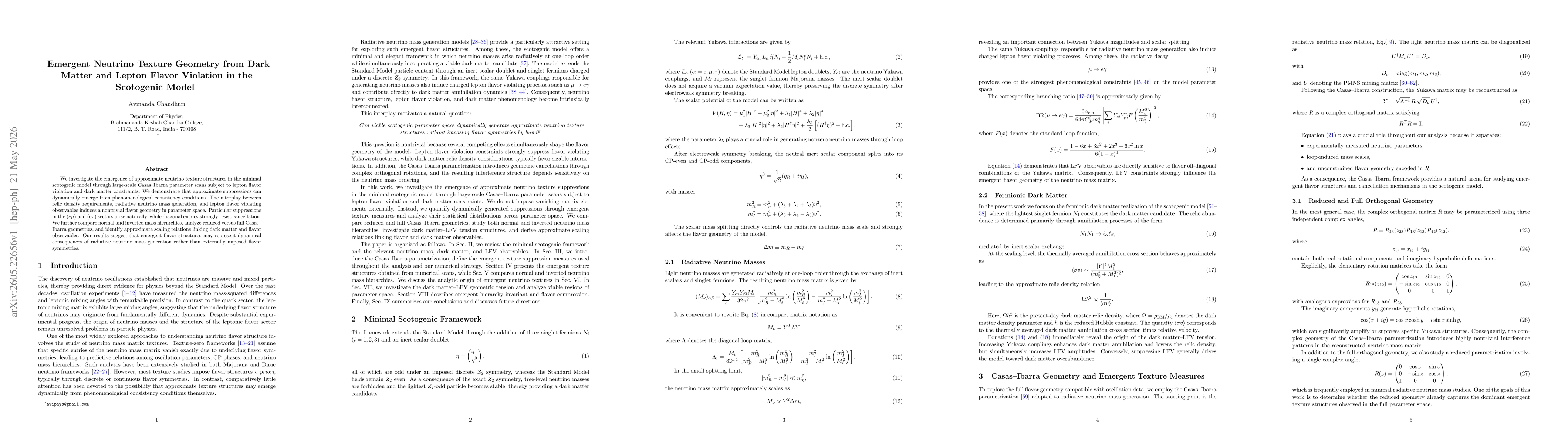 Thumbnail for Emergent Neutrino Texture Geometry from Dark Matter and Lepton Flavor Violation in the Scotogenic Model